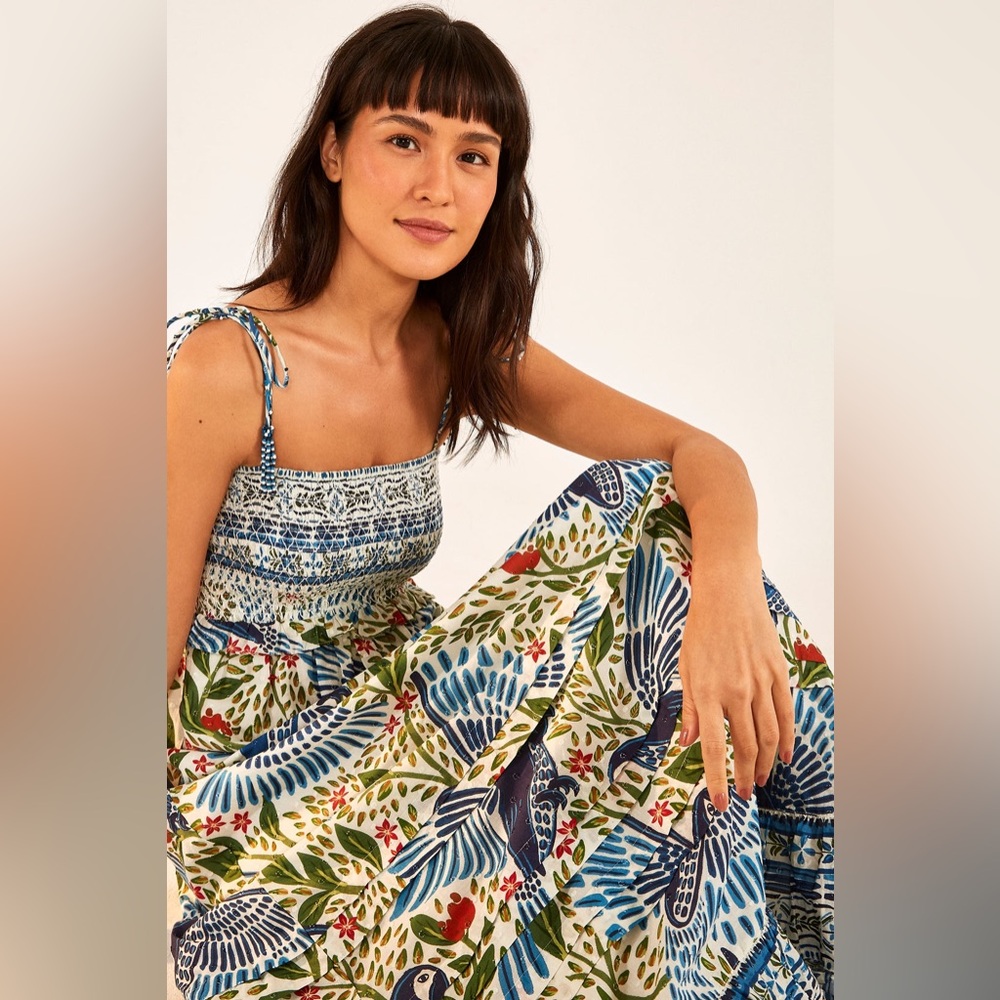 Off White Macaw Flight Smocked Maxi Dress FARM Rio - Picture 2 of 6